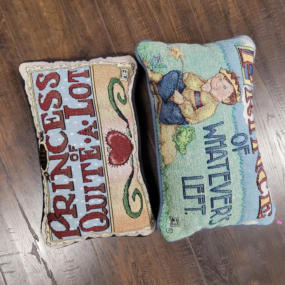 Vintage Mary Engelbreit Princess Prince Tapestry Throw Pillows Needlepoint